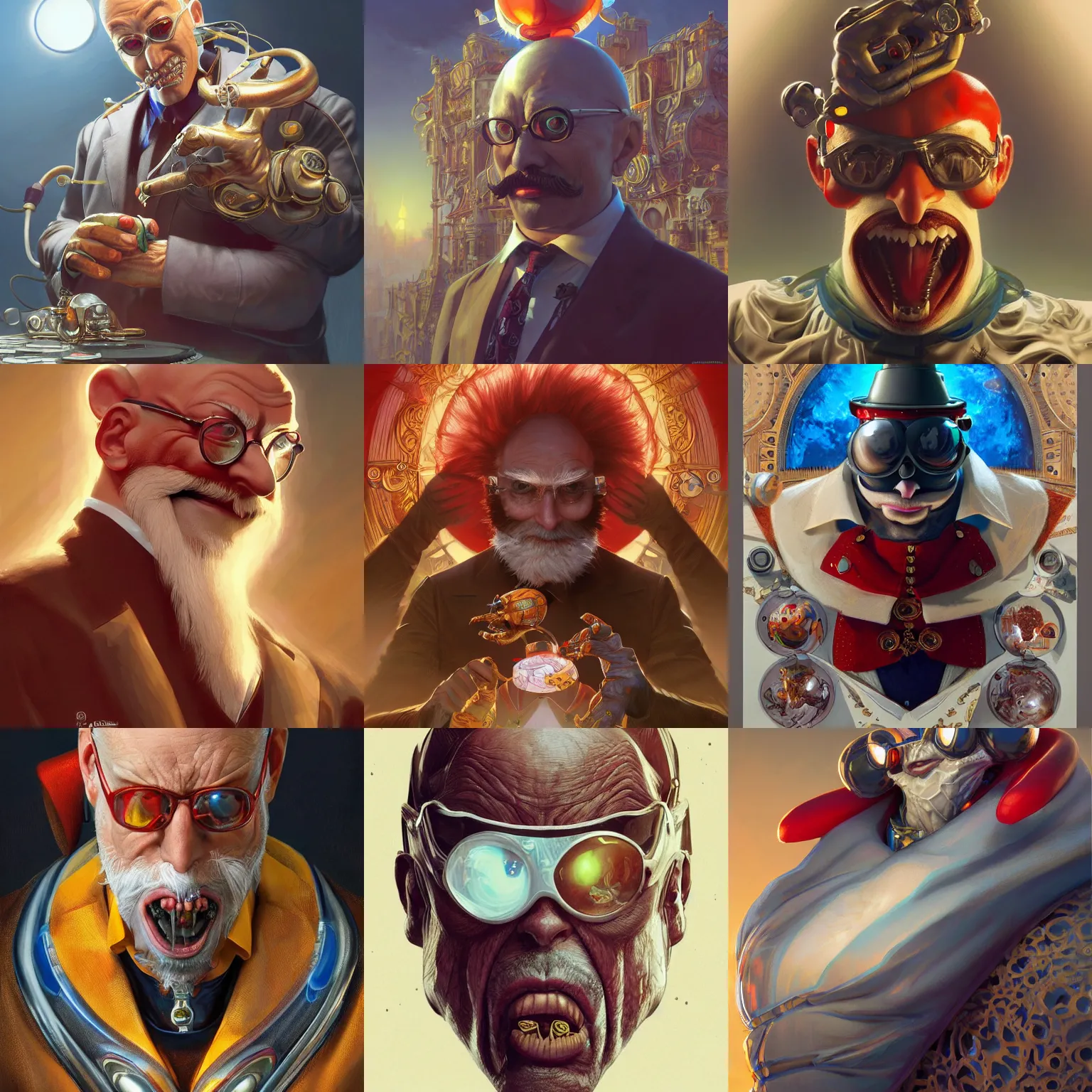 Prompt: Dr. Eggman, insane, intricate, highly detailed, digital painting, artstation, concept art, smooth, sharp focus, illustration, Unreal Engine 5, 8K, art by artgerm and greg rutkowski and alphonse mucha