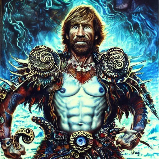 Prompt: uhd photorealistic detailed image of chuck norris wearing extremely intricate warrior costume, fighting lovecraftian cthulhu by ayami kojima amano karol bak tonalism