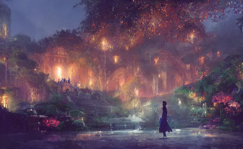 Image similar to Beautiful eden garden, next to a haven and a mystical palace, intricate, elegant, volumetric lighting, digital painting, highly detailed, artstation, sharp focus, illustration, concept art, ruan jia, steve mccurry