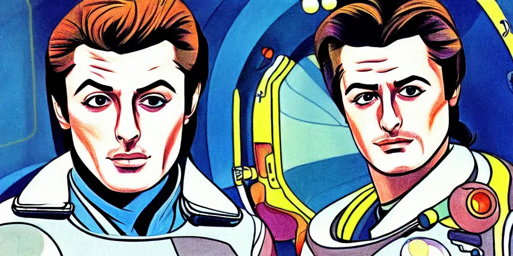 Prompt: traditional drawn colorful animation a symmetrical portrait of Alain Delon Stallone from 1960 60s pilot in posing in spaceship station planet captain bridge, сomet tail, outer worlds, robots, extraterrestrial hyper contrast well drawn in Jean Henri Gaston Giraud animation film The Masters of Time FANTASTIC PLANET La planète sauvage animation by René Laloux