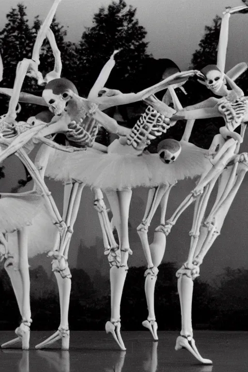 Image similar to Old black and white Soviet TV with four skeleton ballerinas performing Swan\'s Lake ballet. Extremely detailed. 4K. Award winning. Ultra realistic photo