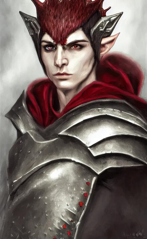 Image similar to A portrait of a male elf, 20 years old, short silver hair, red eyes, wearing a spiked black metal crown, wearing black heavy armor with gold trim, wearing a red cape, lean but muscular, attractive, command presence, royalty, weathered face, smooth, sharp focus, illustration, concept art, highly detailed portrait, muscle definition, fantasy painting, ArtStation, ArtStation HQ