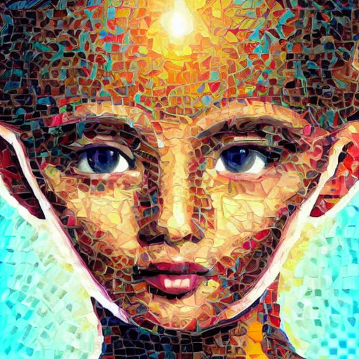 Prompt: mosaic portrait of a beautiful cute young girl with robot ears, 4k, intricate details, digital, sun in the background