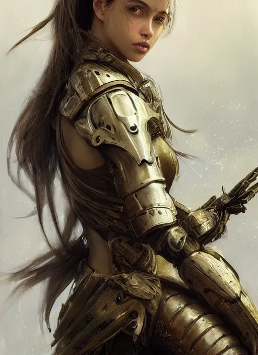 Image similar to a professional portrait of a beautiful young female, clothed in ethereal battle armor, olive skin, long dark hair, beautiful bone structure, symmetrical facial features, intricate, elegant, digital painting, concept art, smooth, sharp focus, finely detailed, illustration, from Valerian and the City of a Thousand Planets, in the style of Ruan Jia and Mandy Jurgens and Artgerm and Greg Rutkowski and William-Adolphe Bouguerea