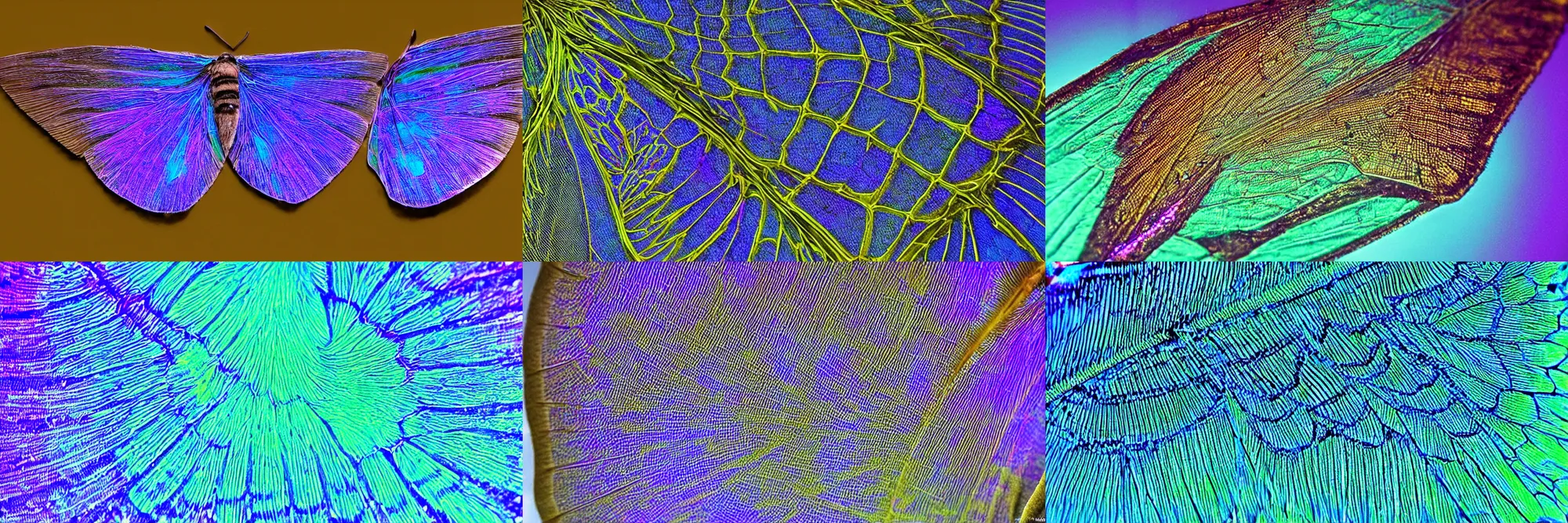 Prompt: moth wing under UV light, microscopy, intricate details