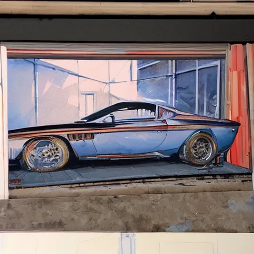 Image similar to detailed details photorealistic pictures of car garage in the style of bob peak and alex ross, gouache and wash paints color, detailed details facial and body and human and environments and proportionate, detailed 5 k details.