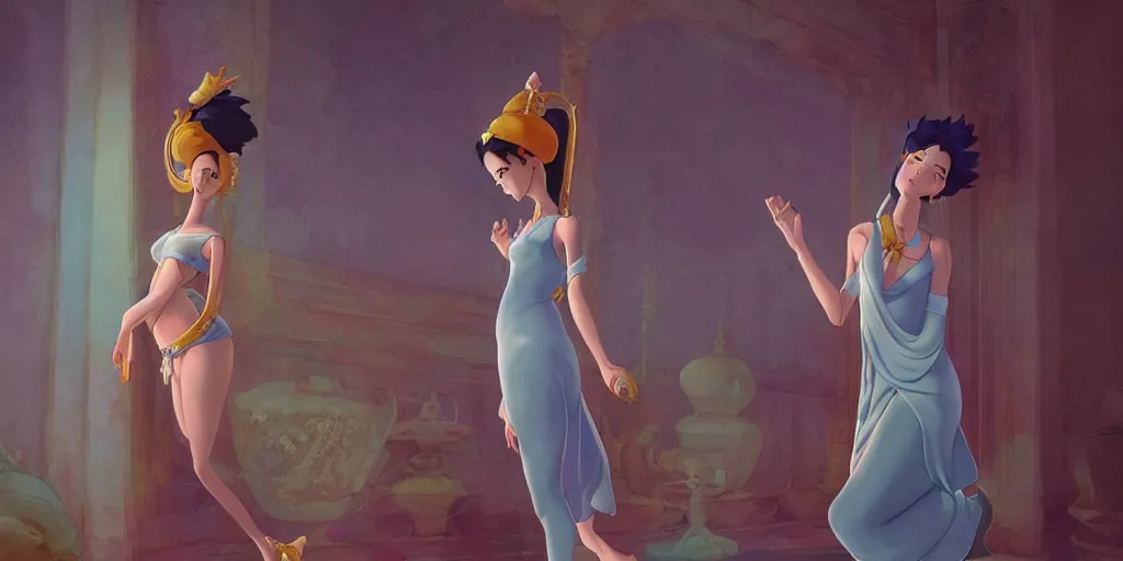 Prompt: beautiful genie girl, dancing in the palace room, beautiful slender body, accurate body proportions, mysterious ambient lighting, digital art, hyper realistic, style of studio ghibli