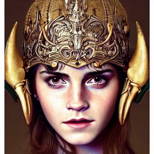 Prompt: A masterpiece ultrarealistic ultradetailed portrait of a Incredibly beautiful Emma Watson as angel princess with Royal Tevton Knight Skull Full Iron Closed Helmet with Big Iron Bull Horns . baroque renaissance girl in the night forest. medium shot, intricate, elegant, highly detailed. trending on artstation, digital art, by Stanley Artgerm Lau, WLOP, Rossdraws, James Jean, Andrei Riabovitchev, Marc Simonetti, Yoshitaka Amano. background by James Jean and Gustav Klimt, light by Julie Bell, 4k, porcelain skin.