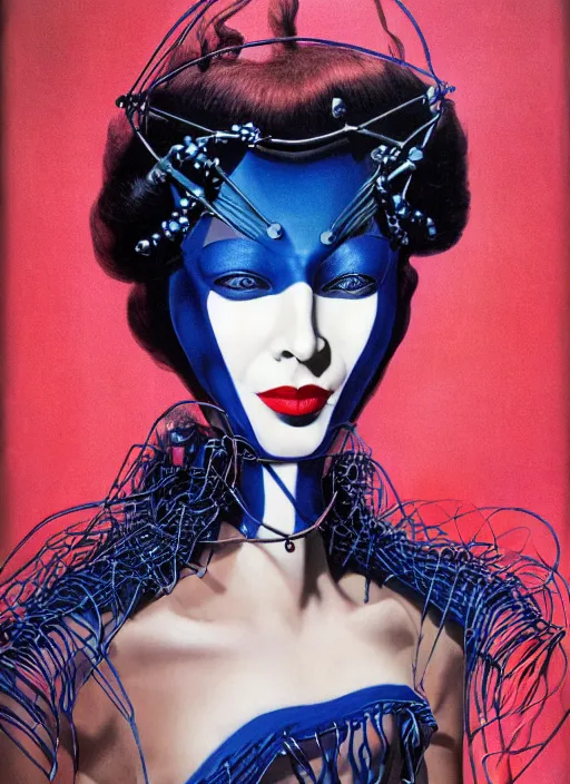 Image similar to an 8 0 s portrait of a woman with dark blue eye - shadow and red lips with dark slicked back hair, a mask made of wire and beads, dreaming acid - fueled hallucinations by serge lutens, rolf armstrong, delphin enjolras, peter elson, red cloth background, airbrush