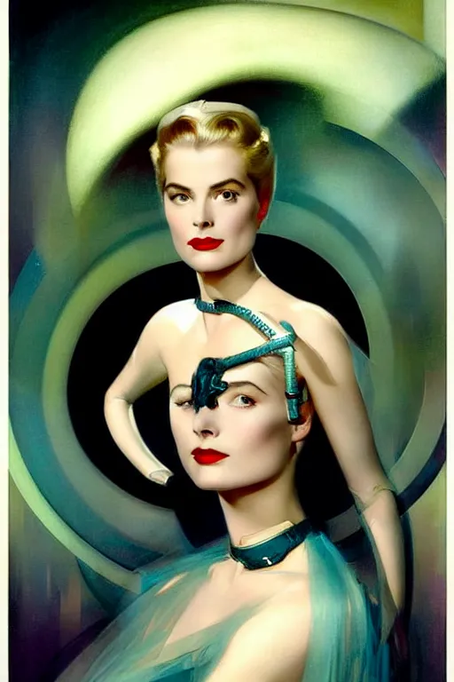 Prompt: beautiful evil cyborg grace kelly by steichen in the style of a modern tom bagshaw, alphonse muca, victor horta, gaston bussiere. anatomically correct. extremely lush detail. masterpiece. melancholic scene infected by night. perfect composition and lighting. sharp focus. high contrast lush surrealistic photorealism. sultry expression.