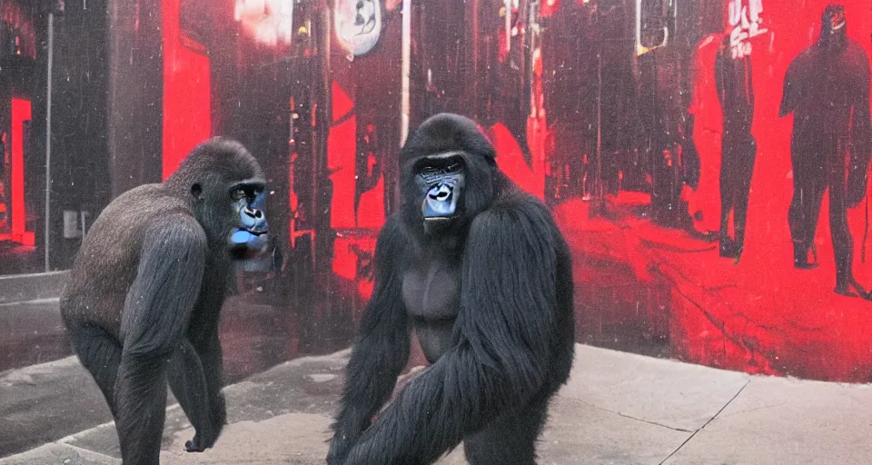 Image similar to gorilla wearing a red akira jacket, walking down a blade runner street, looking suspicious, by ash thorp