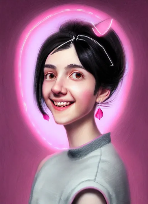 Image similar to portrait of high school girl, realistic, black hair, bangs, half updo hairstyle, pointy nose, skinny, smile, ugly, defined jawline, big chin, pink hair bow, earrings, intricate, elegant, glowing lights, highly detailed, digital painting, artstation, sharp focus, illustration, art by wlop, mars ravelo and greg rutkowski