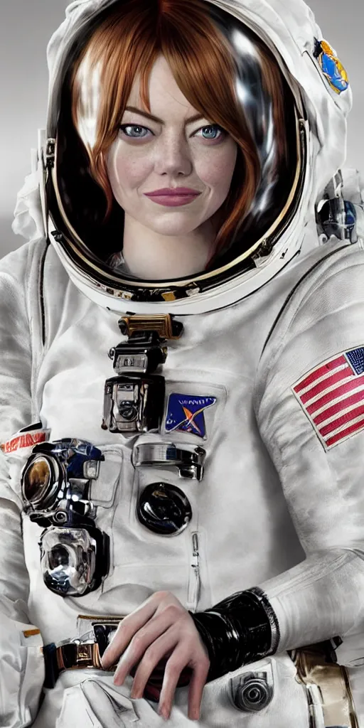 Image similar to Portrait of Emma Stone in a space suit. Highly detailed, photorealistic