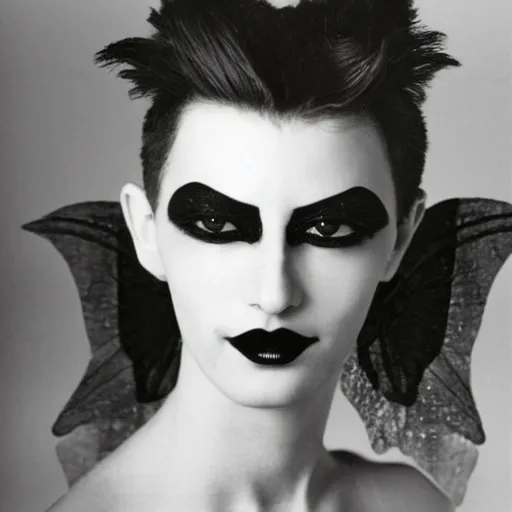 Image similar to bauhaus aesthetic: a faerie noble androgynous creature, scarlet red grinning lips