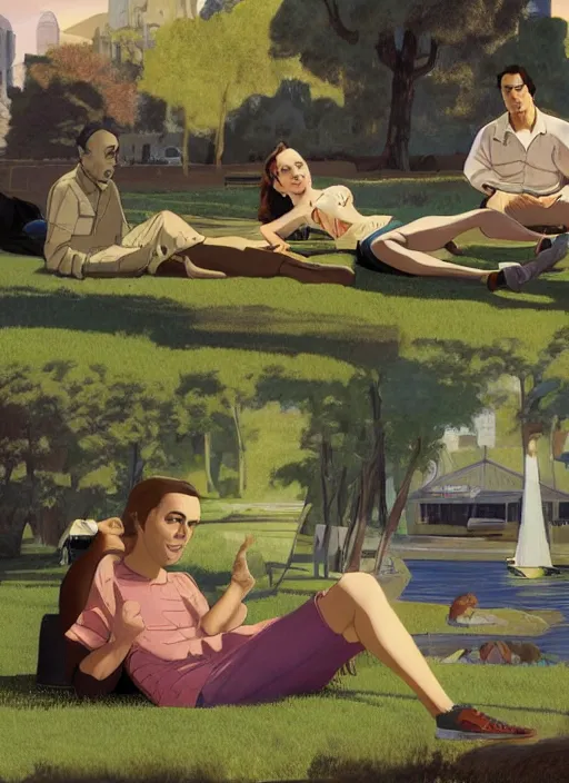 Prompt: waking life movie, collage paper, people resting on the grass, by augustus edwin mulready, ultra detailed high resolution cinematic unreal 6