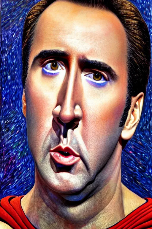 Prompt: high quality extremely detailed closeup portrait of nicolas cage as superman looking away from the camera, detailed eyes, sparkle in eyes, no hands visible, intricate, painting by lucian freud and mark brooks, hd