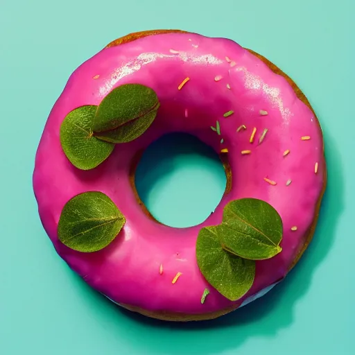 Image similar to Perfectly circular donut!!!!! in the style and shape of a lychee!!!!!!, blended colors!!!!!, trending on artstation, 4k, 8k, professional photography, overhead shot, 35mm lens