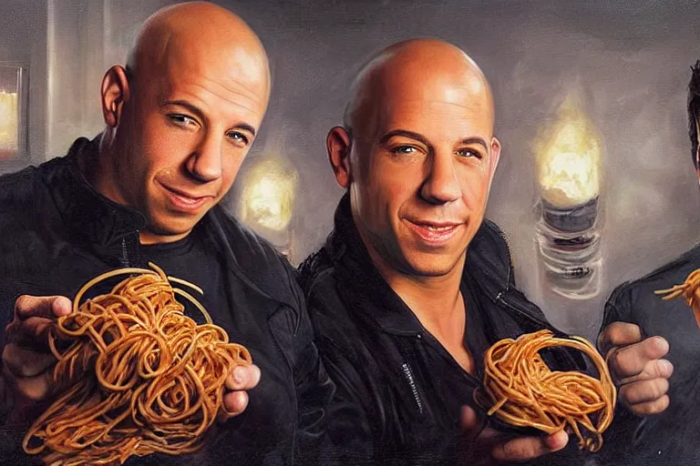 Image similar to portrait of vin diesel and willem dafoe sharing spaghetti, an oil painting by ross tran and thomas kincade