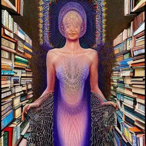 Prompt: 3 d goddess minerva, medium shot portrait. beautiful hyperrealistic intricate highly detailed and richly embroidered with esoteric symbols gown, surrounded by stacks of books bioluminescent, curious, plasma,, artwork by alex grey and salvador dali