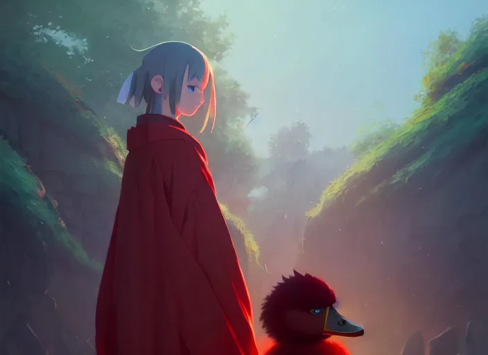 Image similar to cute fluffy mallard duck wearing red cultist robe, details, fantasy, epic, sacrificial altar, landscape illustration concept art anime key visual trending pixiv fanbox by wlop and greg rutkowski and makoto shinkai and studio ghibli and kyoto animation symmetrical facial features