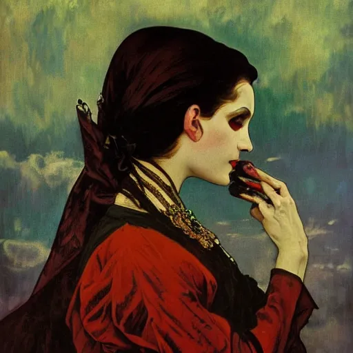 Image similar to A beautiful painting of a lady vampire, victorian, dracula, ominous, oil on canvas, photorealism, alphonse mucha, irwin penn, high definition, soft light