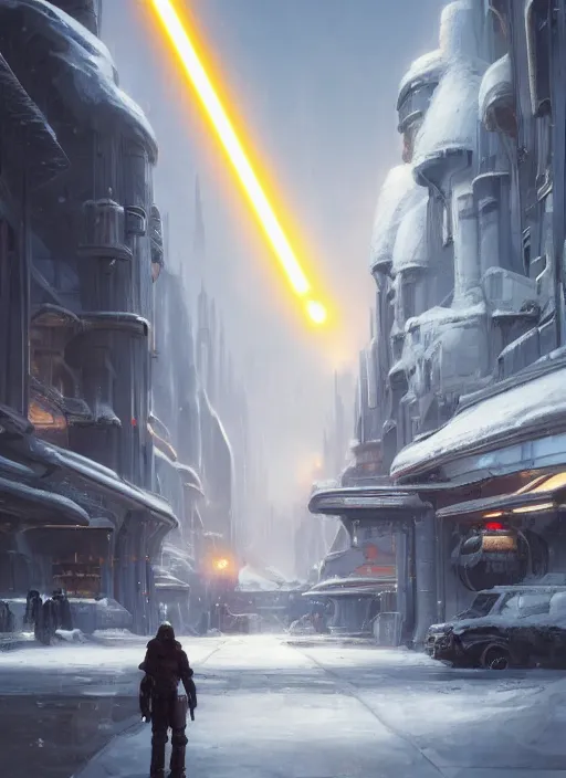 Image similar to portrait, snowy star wars futuristic river town. Dramatic lighting, cinematic, establishing shot, extremely high detail, photo realistic, post processed, artstation, matte painting, style by eddie mendoza, raphael lacoste, alex ross