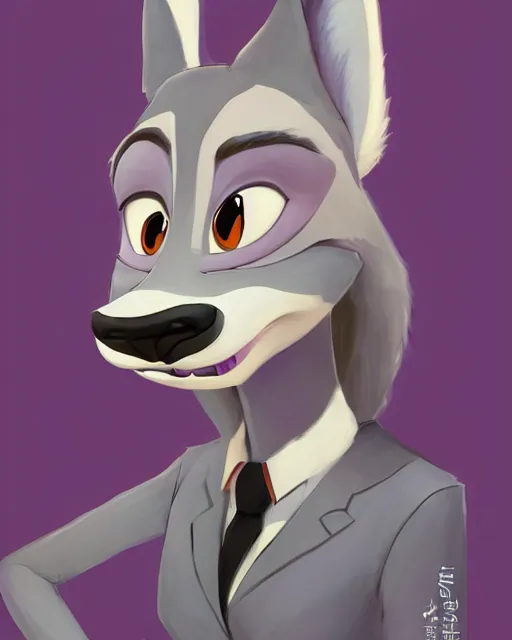 Image similar to oil painting of anthromorphic female wolf, in style of zootopia, zootopia, zootopia, fursona, furry, furaffinity, 4 k, deviantart, furry art, fursona art, wearing black business suit, business suit, in style of zootopia, wolf fursona, cyberpunk, female, expressive detailed feminine face,