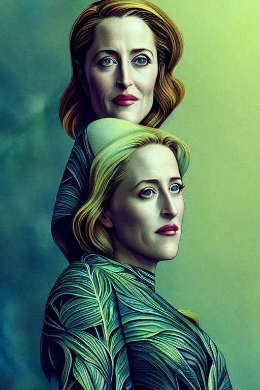 Prompt: young gillian anderson portrait, art deco, x - files, intricate art deco leaf designs, elegant, highly detailed, sharp focus, art by artgerm and beeple and greg rutkowski and wlop