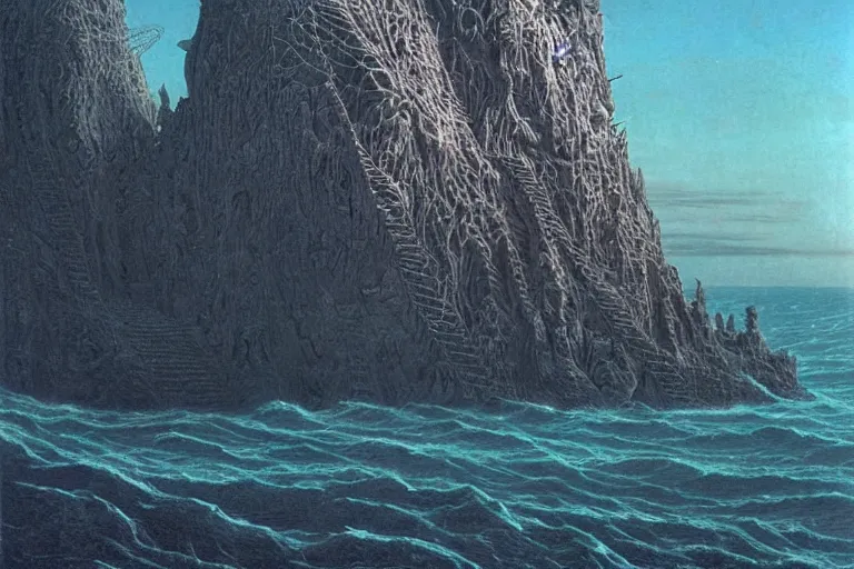 Image similar to intricate, 3 d, metallic dome just above the ocean, style by caspar david friedrich and wayne barlowe and ted nasmith.