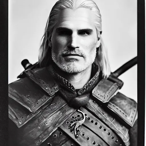 Image similar to wet plate photo of geralt of rivia dressed in colonial uniform