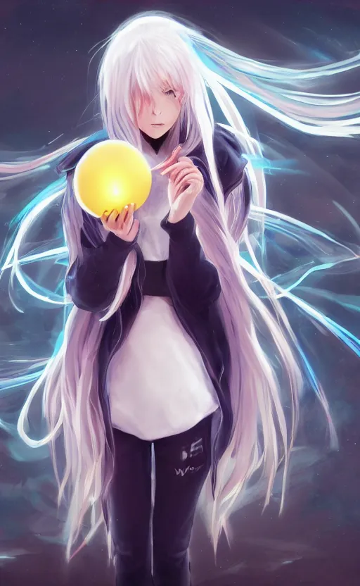 Prompt: anime girl with wavy white hair in a hoodie holding an electric ball, WLOP, concept art, digital painting, trending on artstation, highly detailed, epic composition, 8k UHD