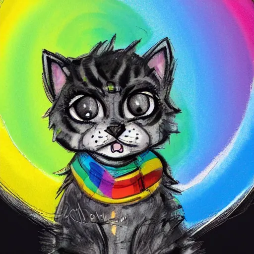 Image similar to wide angle full body, of a fluffy cute rainbow kitten wearing a black motorcycle jacket, concept art