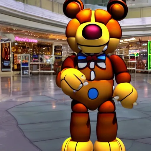 Image similar to Freddy Fazbear in a mall holding multiple bags, photorealistic, low-angle, 3D, 8K, as coherent as Dall-E 2