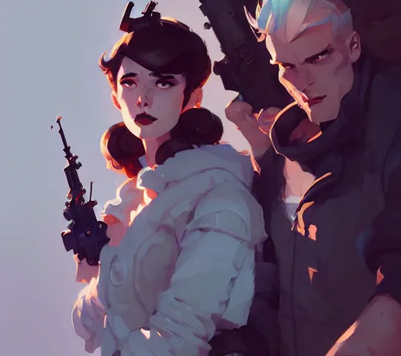 Prompt: portrait jayce and viktor by atey ghailan, by greg rutkowski, by greg tocchini, by james gilleard, by joe fenton, by kaethe butcher, dynamic lighting, gradient light blue, brown, blonde cream and white color scheme, grunge aesthetic