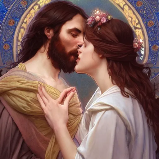 Image similar to jesus kissing a maria maddalena, intricate, elegant, highly detailed, digital painting, artstation, concept art, matte, sharp focus, illustration, art by artgerm and greg rutkowski and alphonse mucha