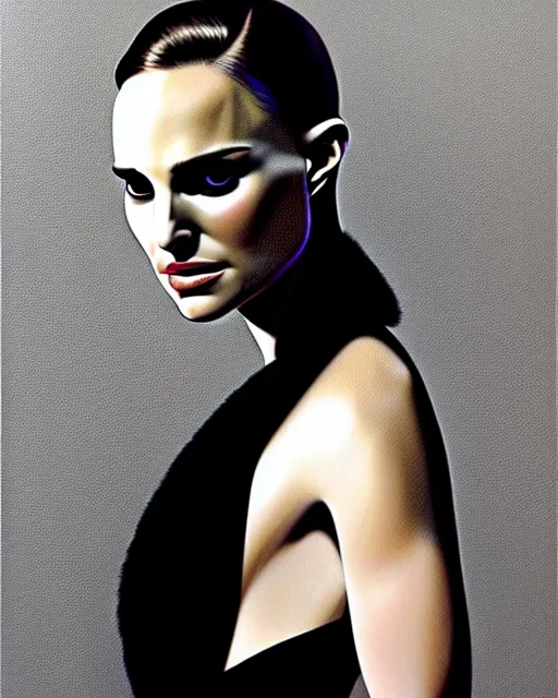 Image similar to Natalie Portman, wearing an evening gown, vera wang couture, very detailed portrait, ultrarealistic, dramatic lighting, electrical details, high details, 4k, 8k, best, accurate, trending on artstation, fur, artstation, photorealism, ultrarealistic, digital painting, style of Dali, Caravaggio, Boris Vallejo