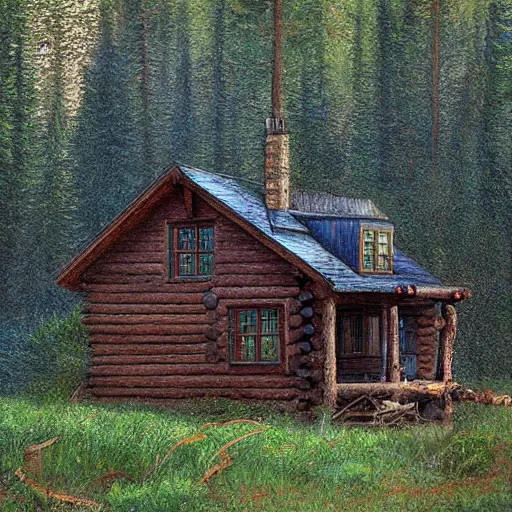 Image similar to a cabin in the woods by james gurney