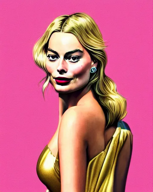 Prompt: closeup portrait beautiful seductive margot robbie with long windblown hair in a gold party dress in standing on a street in chinatown, pink lipstick, glamour pose, detailed illustration, digital art, trending on artstation, arney freytag, frank miller, moebius, graffiti, gta v,