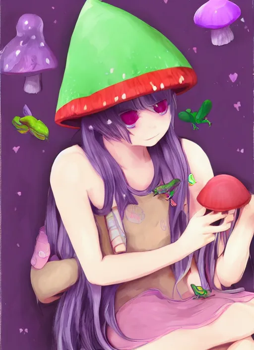 Image similar to a beautiful little girl wearing a mushroom hat sitting in her room petting a frog in her lap | | purple hair, pretty face, sharped details, in ryuuou no oshigoto art style, trending on pixiv