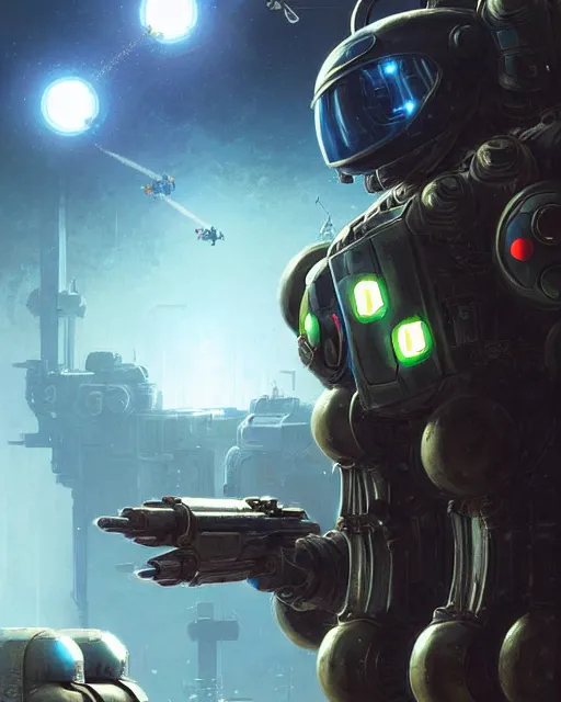 Image similar to luigi in a mech scifi suit with missles and small lights by, fantasy character portrait, ultra realistic, futuristic background by laurie greasley, concept art, intricate details, highly detailed by greg rutkowski, gaston bussiere, craig mullins, simon bisley