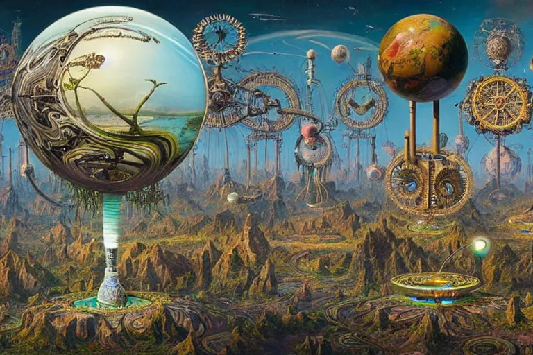 Image similar to a surreal and awe - inspiring science fiction planet overrun with fidget spinners, intricate, ornate, highly detailed fidget spinners, matte painting by ernst haeckel and simon stalenhag