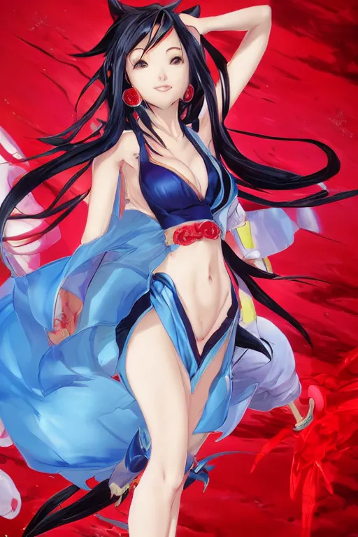 Image similar to Mai Shiranui in red rim light using a pale blue summer dress in a blade and soul spinoff artbook rendered by the artist Taran Fiddler, Joe Madureira, Nadezhda Tikhomirova, Jiyun Chae, Lê Long, trending on Artstation by Hyung Tae Kim, artbook, Stanley Artgerm Lau, WLOP, Rossdraws , James Gurney