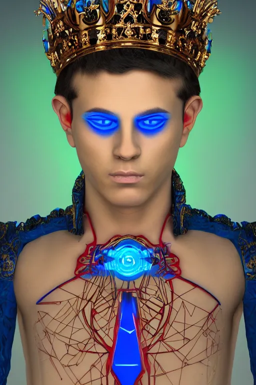 Image similar to full-body sculpture of a young handsome Latino prince as a half cibernetic android with a glowing blue diamong in his chest, white laser beams coming out of his eyes, crown of giant jewels, flowing neon-colored silk, geometric shapes in a cyperbunk and baroque style. intricate artwork by caravaggio. Trending on artstation, octane render, cinematic lighting from the right, hyper realism, octane render, 8k, depth of field, 3D