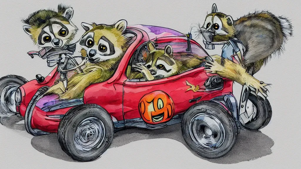 Prompt: cute and funny, racoon riding in a tiny hot rod coupe with oversized engine, ratfink style by ed roth, centered award winning watercolor pen illustration, by james nyika, edited by range murata