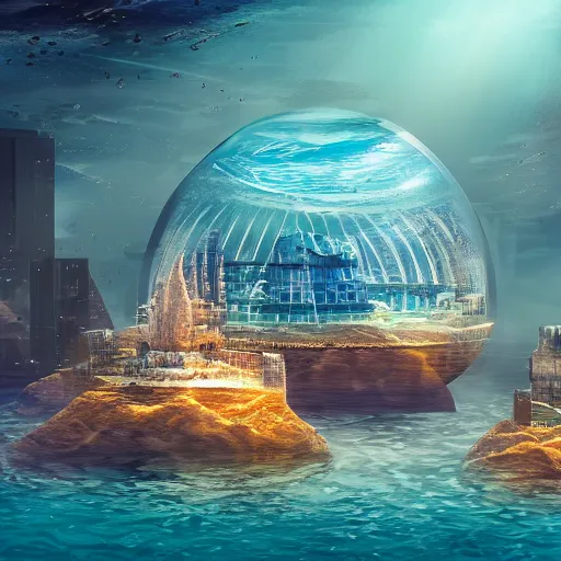 Image similar to futuristic underwater dome city, highly detailed, dramatic lighting, 4k,