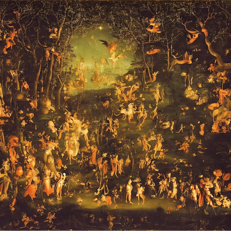 Image similar to renaissance painting of a night carnival around a magical tree cavity, with a surreal orange moonlight and fireworks in the background, next to a lake with iridiscent water, christmas lights, folklore animals and people disguised as fantastic creatures in a magical forest by summer night, masterpiece painted by koson ohara, scene by night, dark night environment, refraction lights, glares