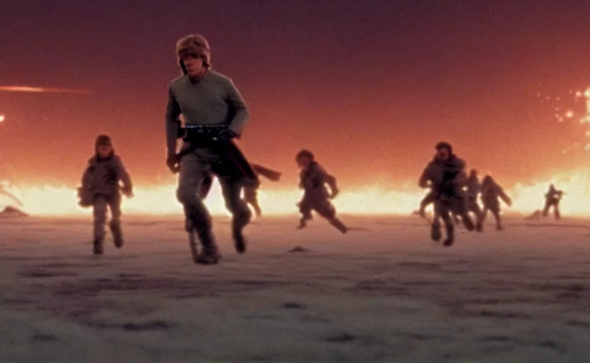 Prompt: screenshot portrait of Luke Skywalker running in a windy fiery battlefield with scattered parts of AT-AT walkers, with young jedi army behind him, iconic scene from 1983 film by Stanley Kubrick, last jedi, 4k HD, movie still, explosions, cinematic lighting, beautiful portrait of Mark Hammill, moody scene, stunning cinematography, anamorphic lenses, kodak color film stock