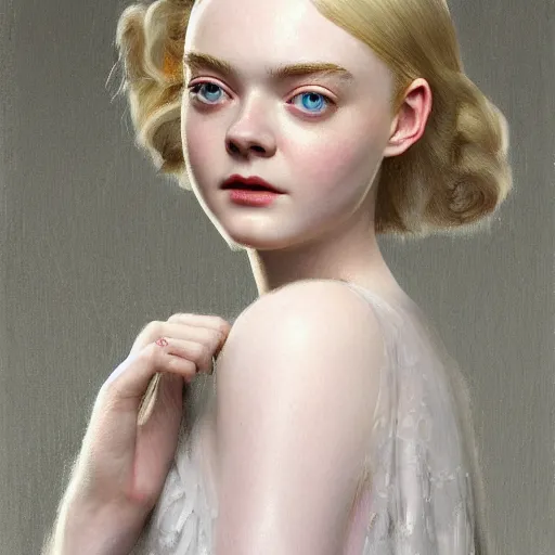 Prompt: a professional painting of Elle Fanning, clothed in ethereal armor, porcelain white skin, long blonde hair, beautiful bone structure, symmetrical facial features, intricate, elegant, digital painting, concept art, smooth, sharp focus, illustration, from Fallout 3, by Edward Hopper and Norman Rockwell and Michael Sowa and Paul Rubens