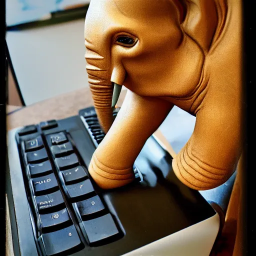 Prompt: 35mm macro photograph of a hand carved elephant wearing a suit working on a couch typing on a miniature computer keyboard