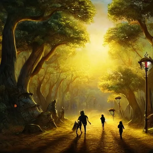 Image similar to a fantasy landscape with strange creatures walking the forest and fun buildings and streets, intricate street lamps and morning sunshine, realistic, painting, great lighting, golden hour, golden rule